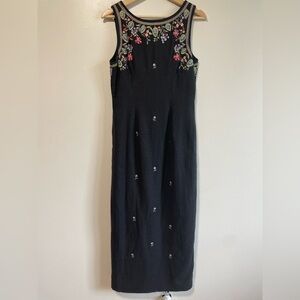 Ultra  Dress Vintage Embroidered Linen Midi Shift Dress - Size 8